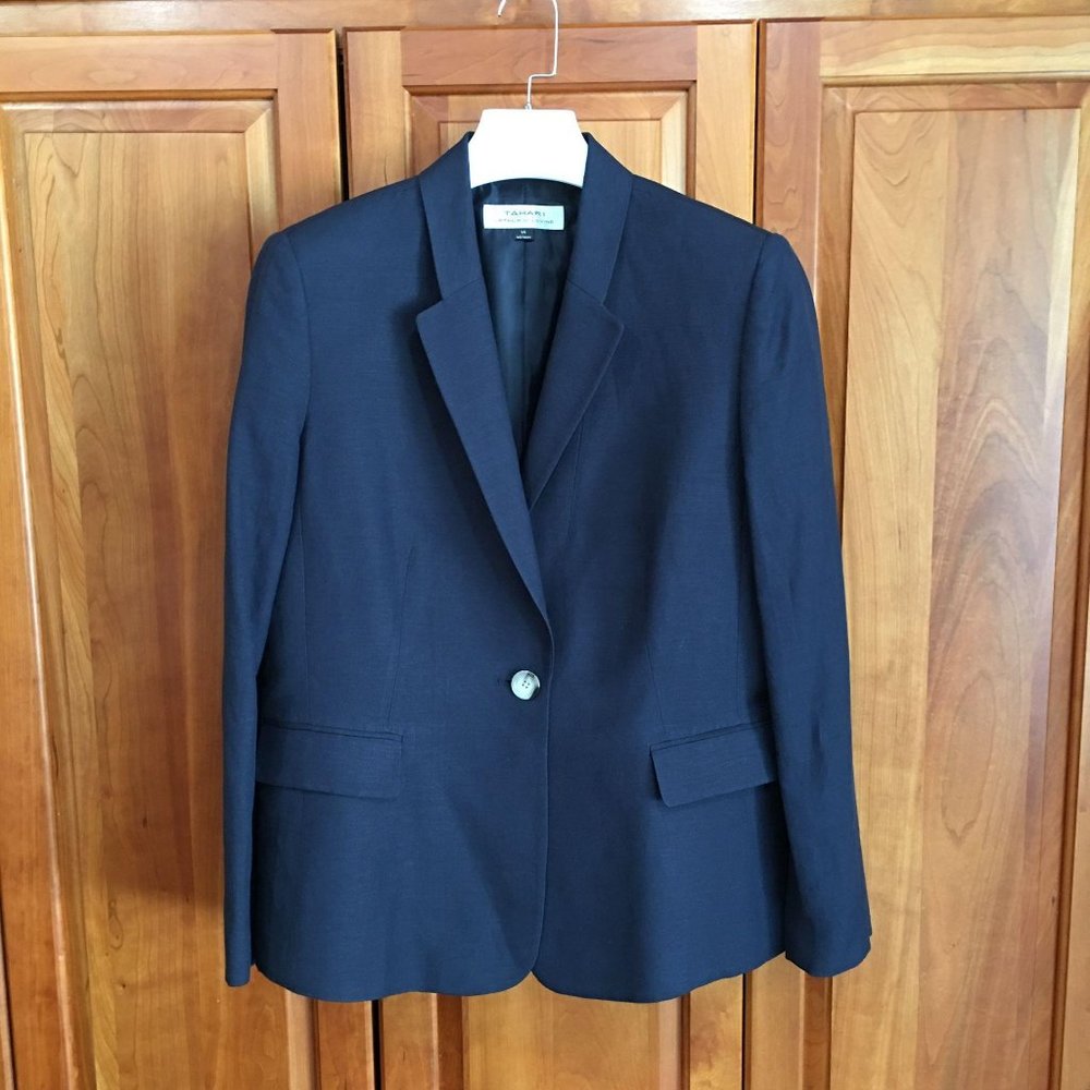 Tahari Linen Blend Navy Blazer Jacket Size 14